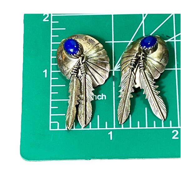 VTG Navajo Style Sterling Silver Feather Earrings w/ Blue Lapis Cabochon 9.6g - Picture 10 of 11